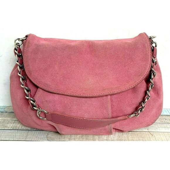 Ann Taylor DUST PINK GENUINE LEATHER SUEDE CHAIN STRAP SHOULDER BAG HANDBAG BOHO - Picture 2 of 11